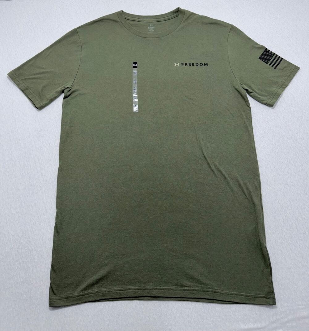 Under Armour Shirt Mens Green Freedom Banner Graphic Tee Patriotic Flag USA Sz S